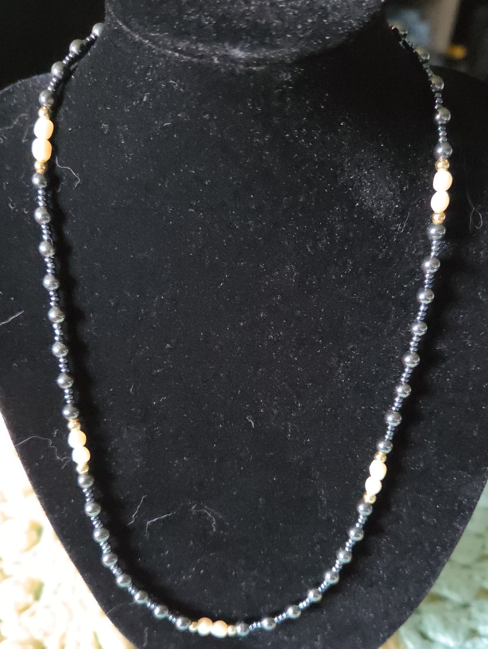 Handcrafted  Gemstone Hermatite & Pearl Beaded Necklace.